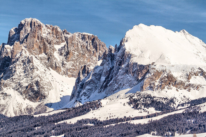 Langkofel (Sassolungo和Sassopiatto)山在Seiseralm -冬季